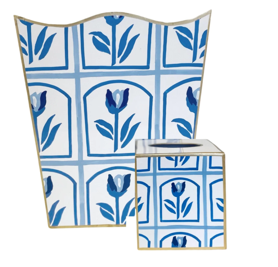 Dana Gibson Tulio in Blue Wastebasket and Tissue Box