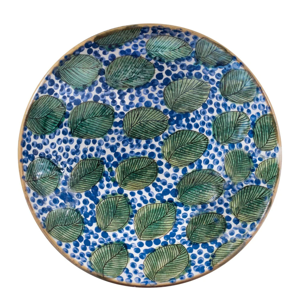 Green Leaves Blue Serving Bowl Serving Dish from Malaika Cairo Linen