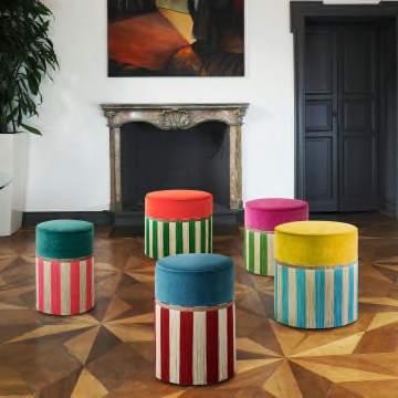 Couture Geometric Riga Small Light-Blue & Red Ottoman